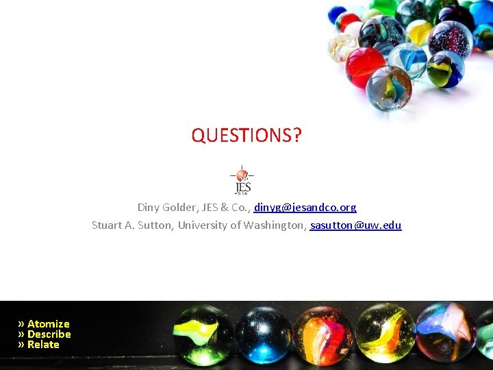 QUESTIONS? Diny Golder, JES & Co. , dinyg@jesandco. org Stuart A. Sutton, University of