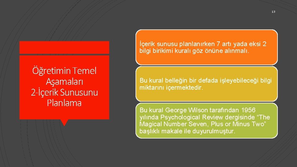 13 İçerik sunusu planlanırken 7 artı yada eksi 2 bilgi birikimi kuralı göz önüne