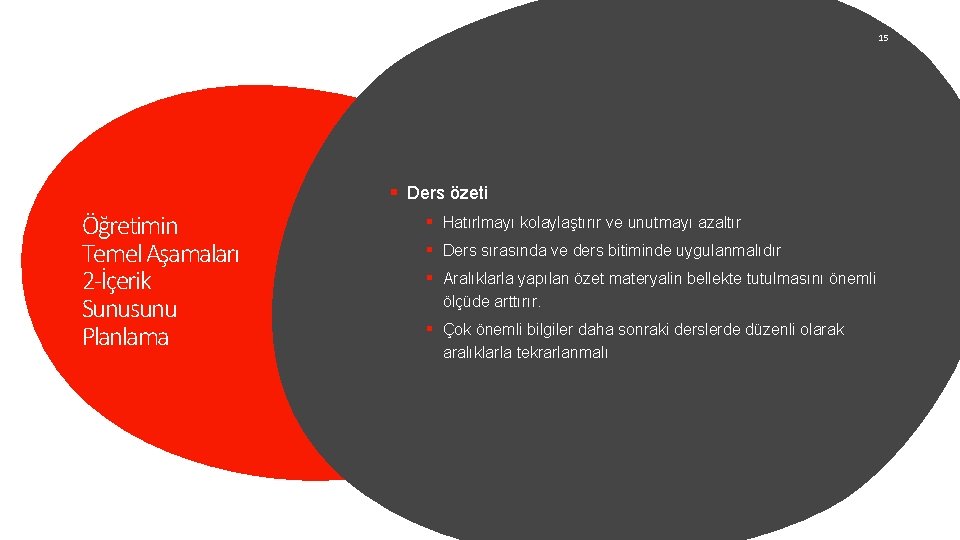 15 § Ders özeti Öğretimin Temel Aşamaları 2 -İçerik Sunusunu Planlama § Hatırlmayı kolaylaştırır