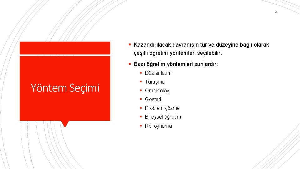 25 § Kazandırılacak davranışın tür ve düzeyine bağlı olarak çeşitli öğretim yöntemleri seçilebilir. §