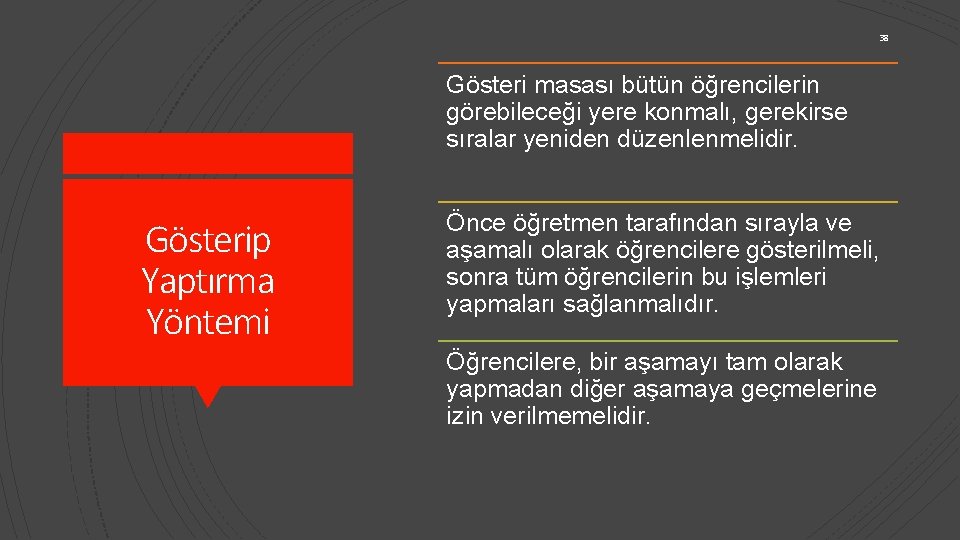 38 Gösteri masası bütün öğrencilerin görebileceği yere konmalı, gerekirse sıralar yeniden düzenlenmelidir. Gösterip Yaptırma