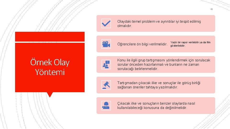 41 Olaydaki temel problem ve ayrıntılar iyi tespit edilmiş olmalıdır. Öğrencilere ön bilgi verilmelidir.