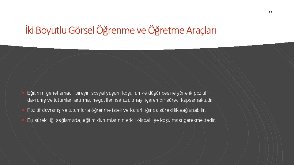 55 İki Boyutlu Görsel Öğrenme ve Öğretme Araçları § Eğitimin genel amacı; bireyin sosyal