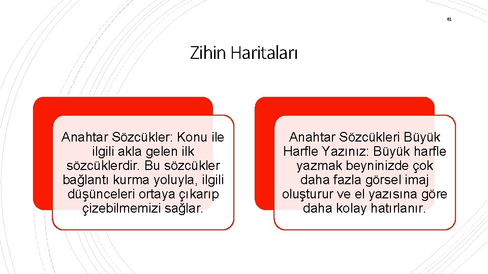 61 Zihin Haritaları Anahtar Sözcükler: Konu ile ilgili akla gelen ilk sözcüklerdir. Bu sözcükler