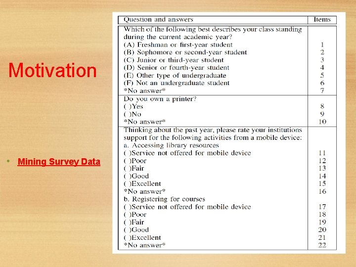 Motivation • Mining Survey Data 