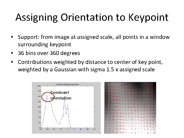 Assigning Orientation to Keypoint • Support: from image at assigned scale, all points in
