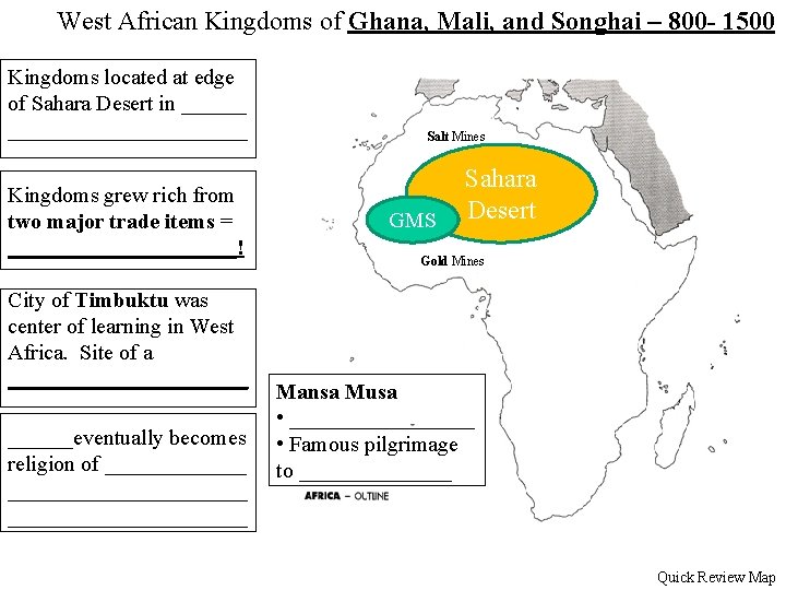 West African Kingdoms of Ghana, Mali, and Songhai – 800 - 1500 Kingdoms located