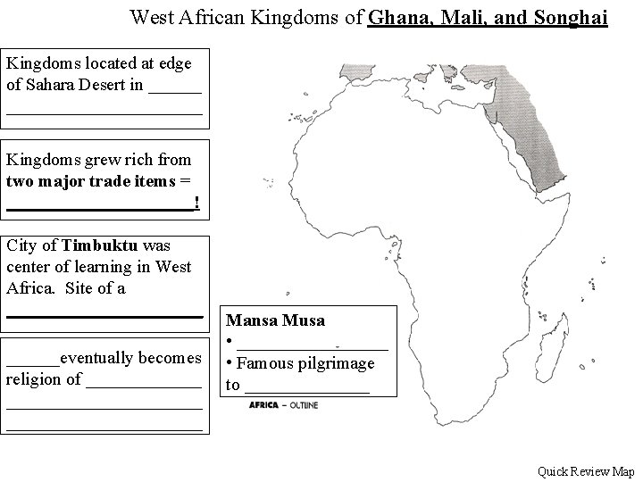 West African Kingdoms of Ghana, Mali, and Songhai Kingdoms located at edge of Sahara