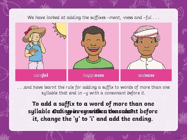 We have looked at adding the suffixes –ment, -ness and –ful. . . careful