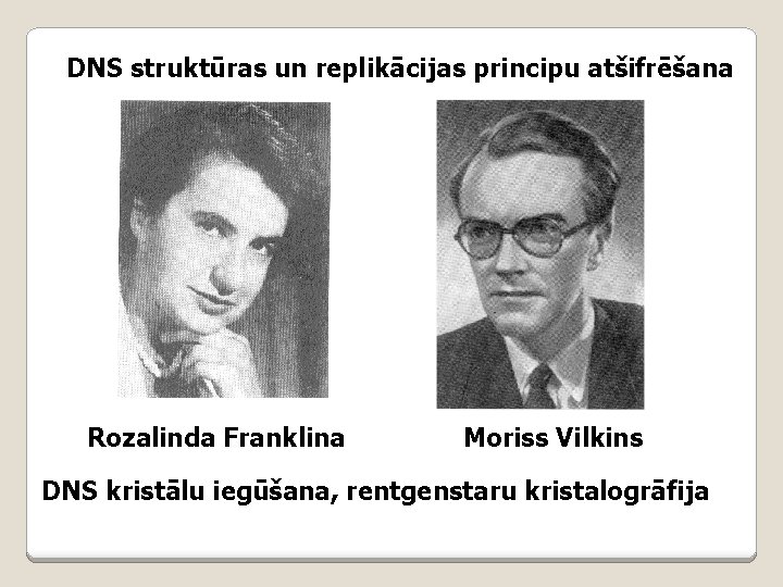 DNS struktūras un replikācijas principu atšifrēšana Rozalinda Franklina Moriss Vilkins DNS kristālu iegūšana, rentgenstaru