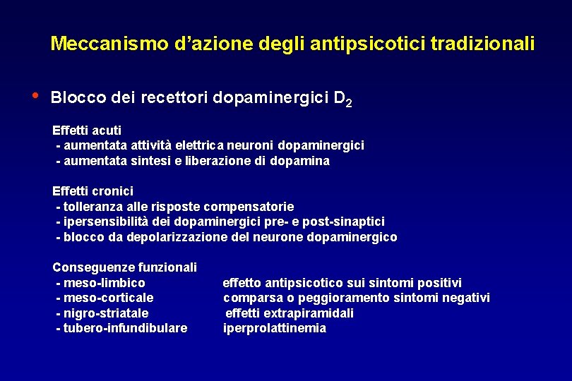 Meccanismo d’azione degli antipsicotici tradizionali • Blocco dei recettori dopaminergici D 2 Effetti acuti