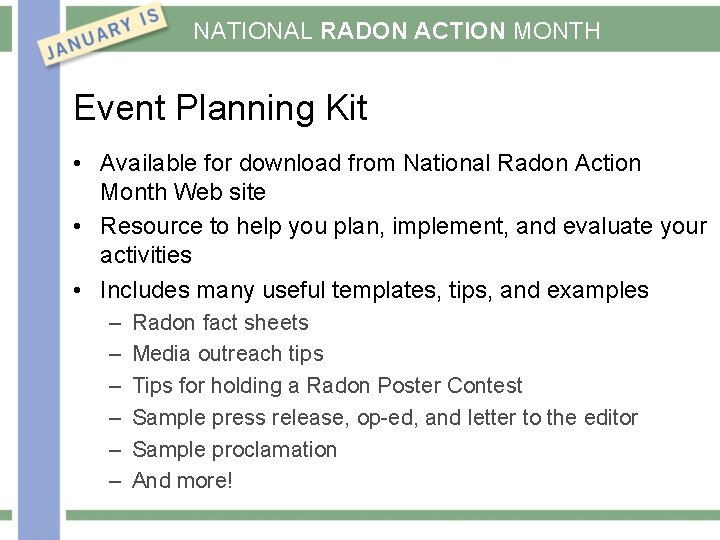 NATIONAL RADON ACTION MONTH Event Planning Kit • Available for download from National Radon