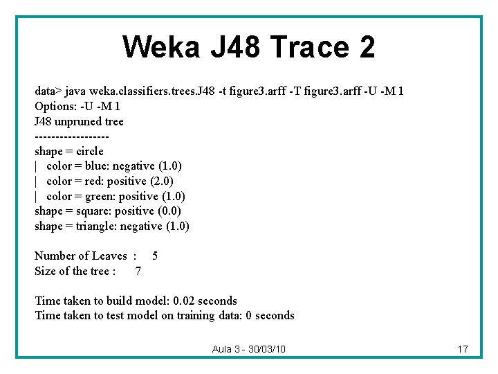 Weka J 48 Trace 2 data> java weka. classifiers. trees. J 48 -t figure