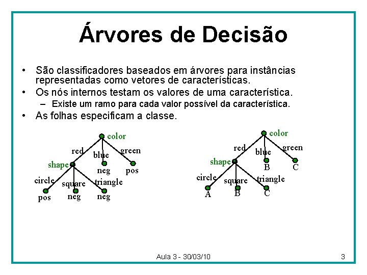 Árvores de Decisão • São classificadores baseados em árvores para instâncias representadas como vetores