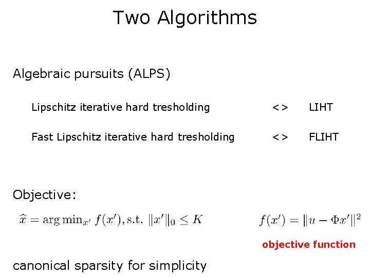 Two Algorithms Algebraic pursuits (ALPS) Lipschitz iterative hard tresholding <> LIHT Fast Lipschitz iterative Two Algorithms Algebraic pursuits (ALPS) Lipschitz iterative hard tresholding <> LIHT Fast Lipschitz iterative