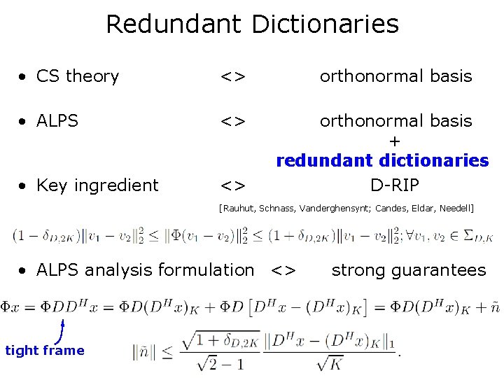 Redundant Dictionaries • CS theory <> • ALPS <> • Key ingredient <> orthonormal Redundant Dictionaries • CS theory <> • ALPS <> • Key ingredient <> orthonormal