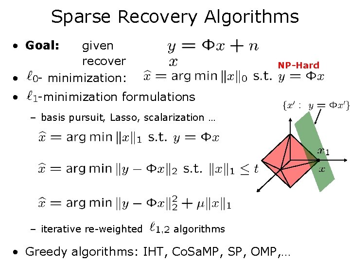 Sparse Recovery Algorithms • Goal: • given recover - minimization: • -minimization formulations NP-Hard Sparse Recovery Algorithms • Goal: • given recover - minimization: • -minimization formulations NP-Hard