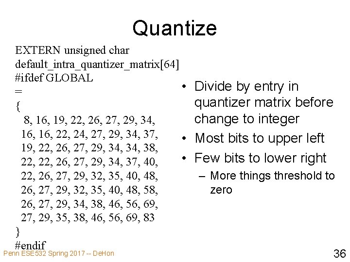 Quantize EXTERN unsigned char default_intra_quantizer_matrix[64] #ifdef GLOBAL • = { 8, 16, 19, 22,