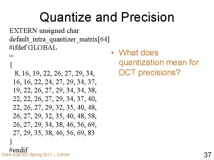 Quantize and Precision EXTERN unsigned char default_intra_quantizer_matrix[64] #ifdef GLOBAL • What does = quantization