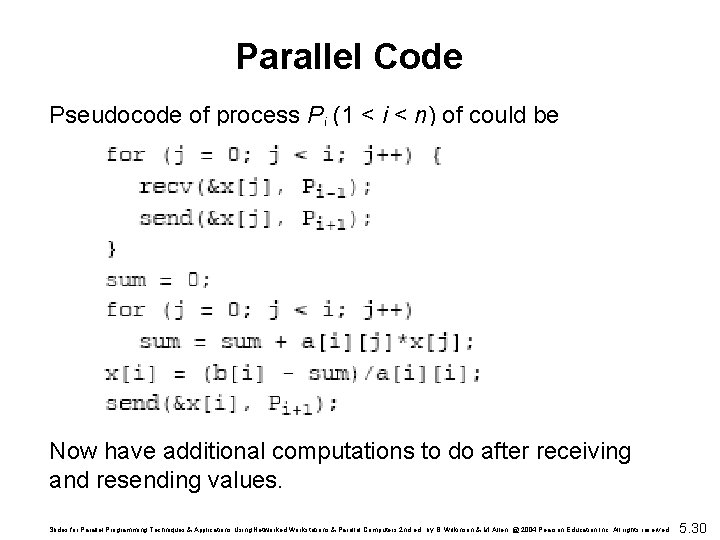 Parallel Code Pseudocode of process Pi (1 < i < n) of could be
