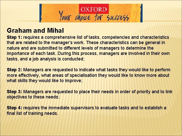 Graham and Mihal Step 1: requires a comprehensive list of tasks, competencies and characteristics Graham and Mihal Step 1: requires a comprehensive list of tasks, competencies and characteristics