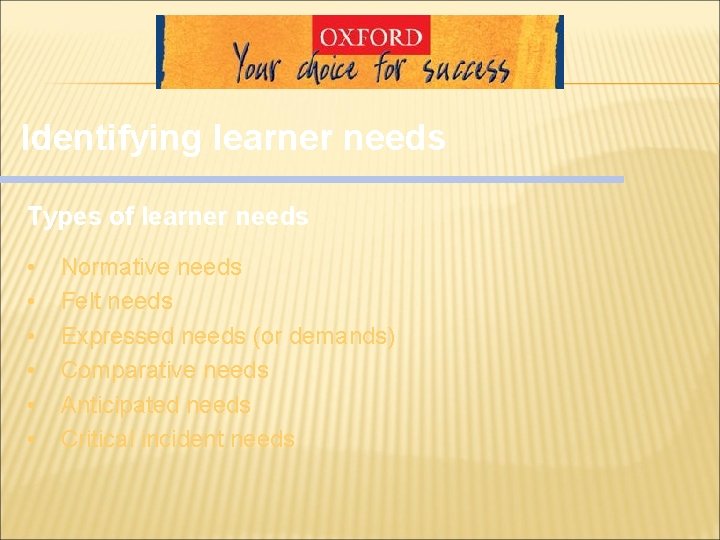 Identifying learner needs Types of learner needs • • • Normative needs Felt needs Identifying learner needs Types of learner needs • • • Normative needs Felt needs