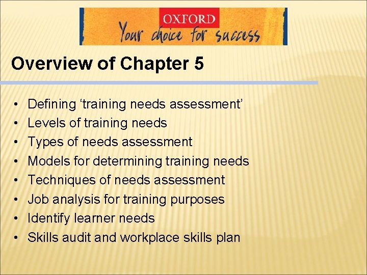 Overview of Chapter 5 • • Defining ‘training needs assessment’ Levels of training needs Overview of Chapter 5 • • Defining ‘training needs assessment’ Levels of training needs