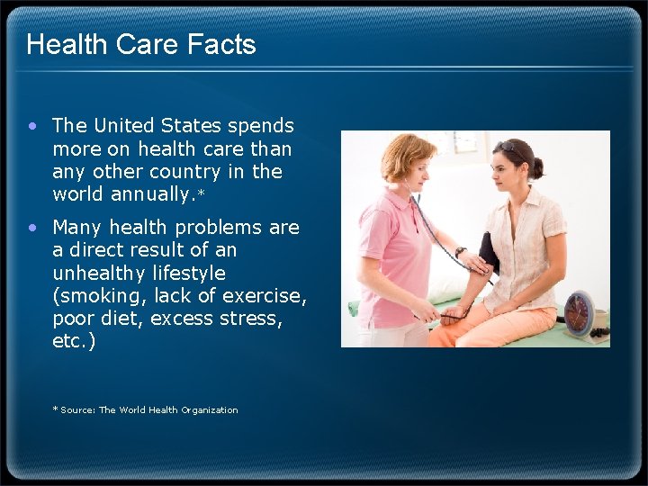 Health Care Facts • The United States spends more on health care than any