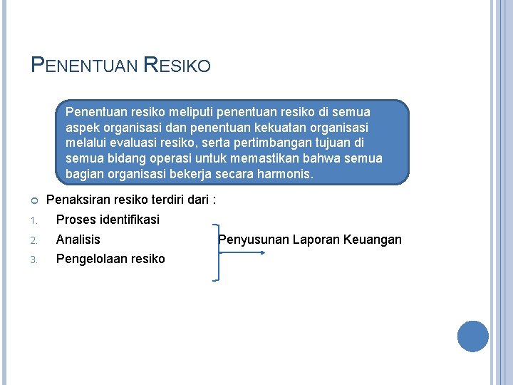 PENENTUAN RESIKO Penentuan resiko meliputi penentuan resiko di semua aspek organisasi dan penentuan kekuatan PENENTUAN RESIKO Penentuan resiko meliputi penentuan resiko di semua aspek organisasi dan penentuan kekuatan