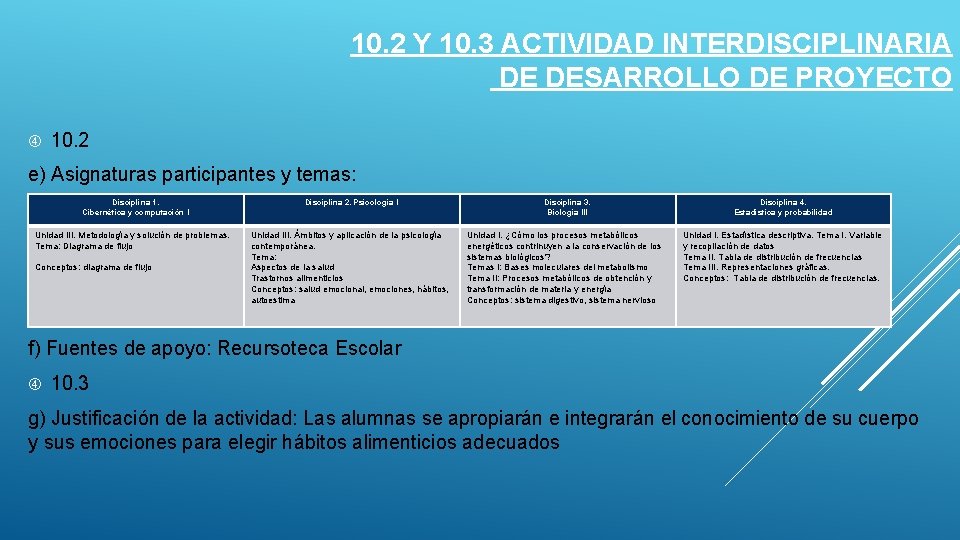 10. 2 Y 10. 3 ACTIVIDAD INTERDISCIPLINARIA DE DESARROLLO DE PROYECTO 10. 2 e)