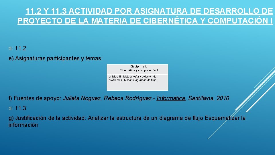 11. 2 Y 11. 3 ACTIVIDAD POR ASIGNATURA DE DESARROLLO DE PROYECTO DE LA