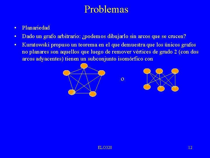 Problemas • Planariedad • Dado un grafo arbitrario: ¿podemos dibujarlo sin arcos que se