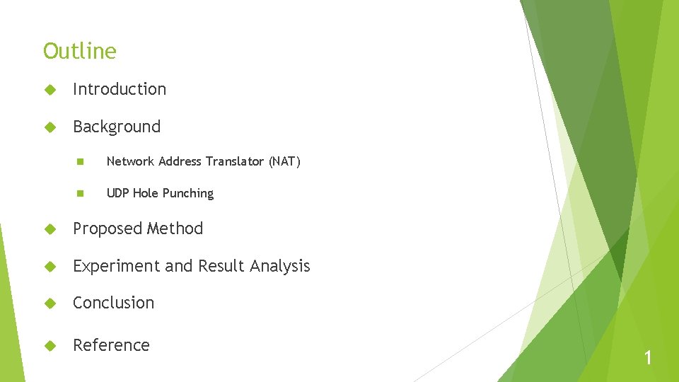 Outline Introduction Background n Network Address Translator (NAT) n UDP Hole Punching Proposed Method