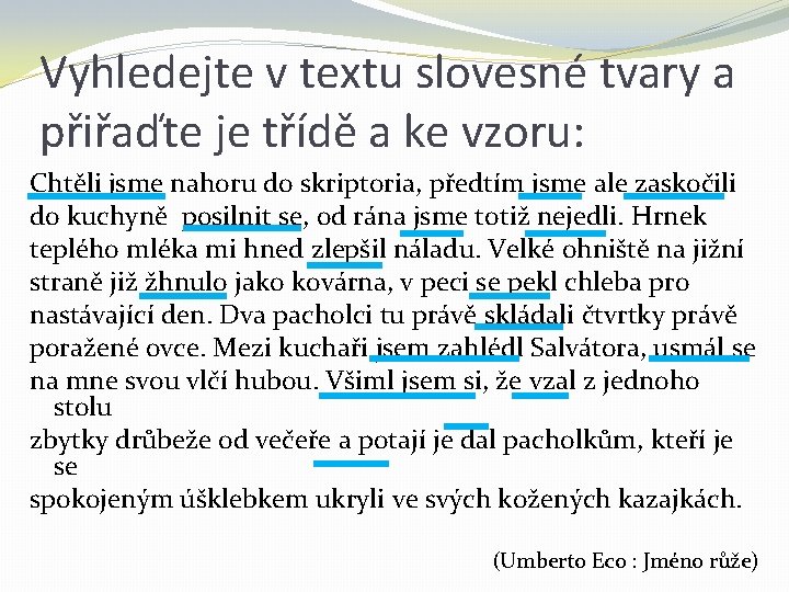 Vyhledejte v textu slovesné tvary a přiřaďte je třídě a ke vzoru: Chtěli jsme Vyhledejte v textu slovesné tvary a přiřaďte je třídě a ke vzoru: Chtěli jsme