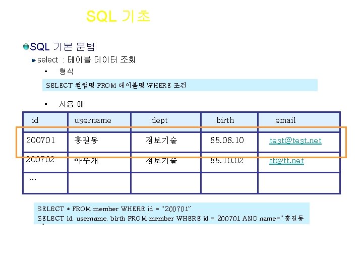 Section 02 SQL 기초 SQL 기본 문법 select : 테이블 데이터 조회 • 형식