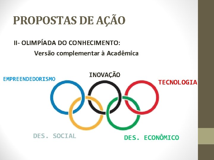 PROPOSTAS DE AÇÃO II- OLIMPÍADA DO CONHECIMENTO: Versão complementar à Acadêmica EMPREENDEDORISMO DES. SOCIAL