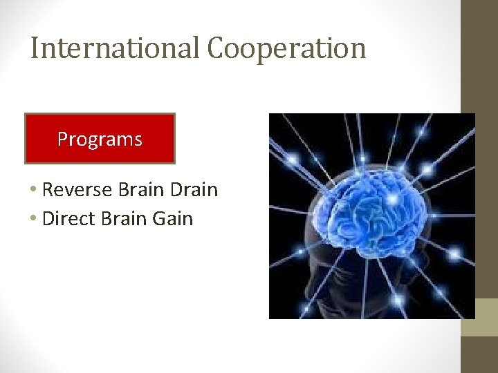International Cooperation Programs • Reverse Brain Drain • Direct Brain Gain 
