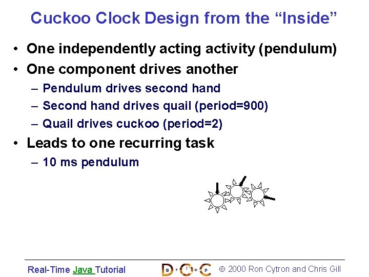 Cuckoo Clock Design from the “Inside” • One independently acting activity (pendulum) • One