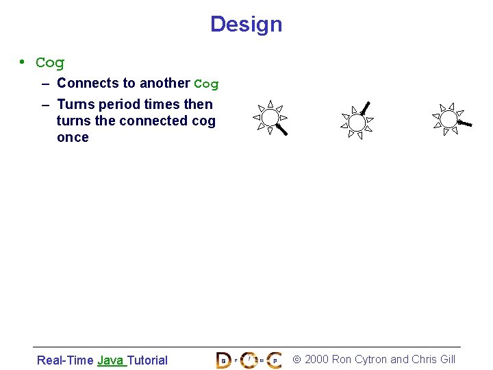 Design • Cog – Connects to another Cog – Turns period times then turns