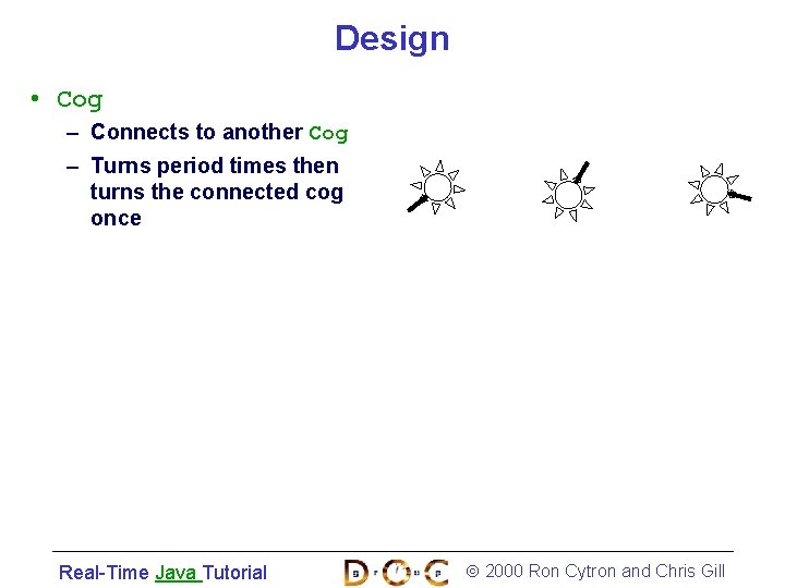 Design • Cog – Connects to another Cog – Turns period times then turns
