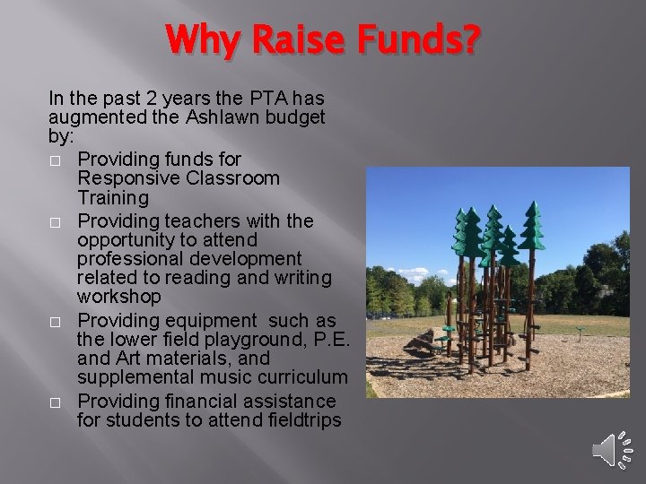 Why Raise Funds? In the past 2 years the PTA has augmented the Ashlawn