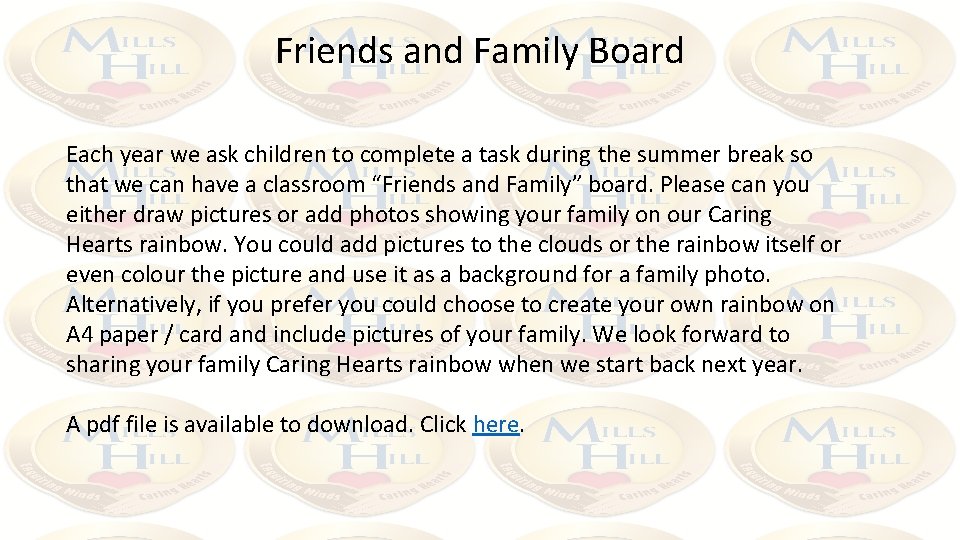 Friends and Family Board Each year we ask children to complete a task during