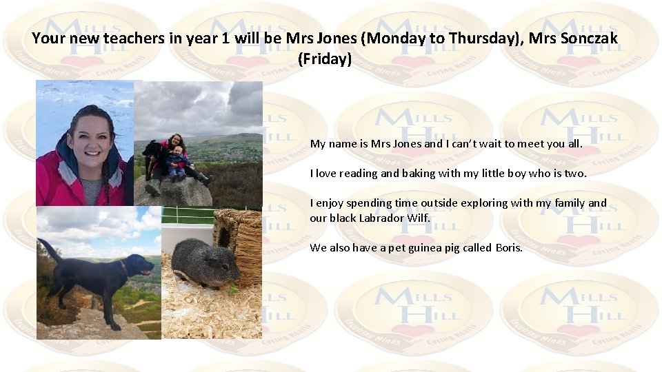 Your new teachers in year 1 will be Mrs Jones (Monday to Thursday), Mrs