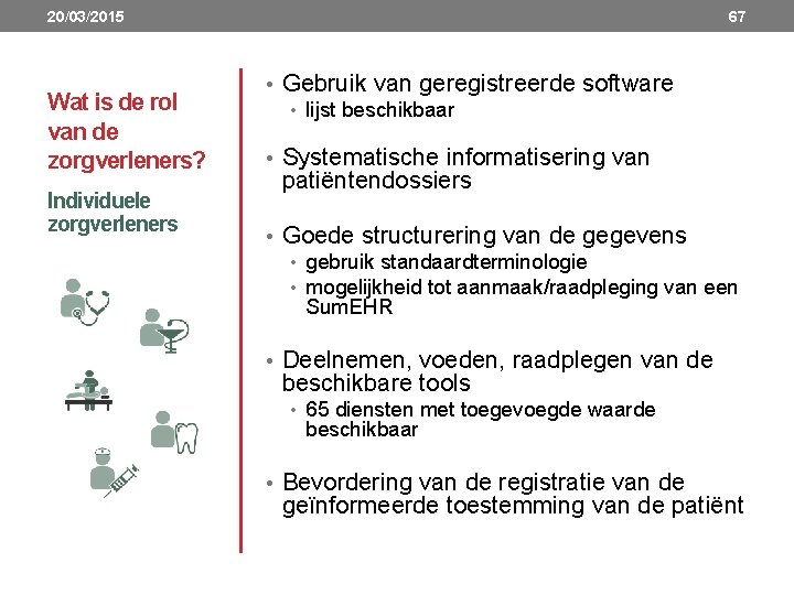20/03/2015 Wat is de rol van de zorgverleners? Individuele zorgverleners 67 • Gebruik van