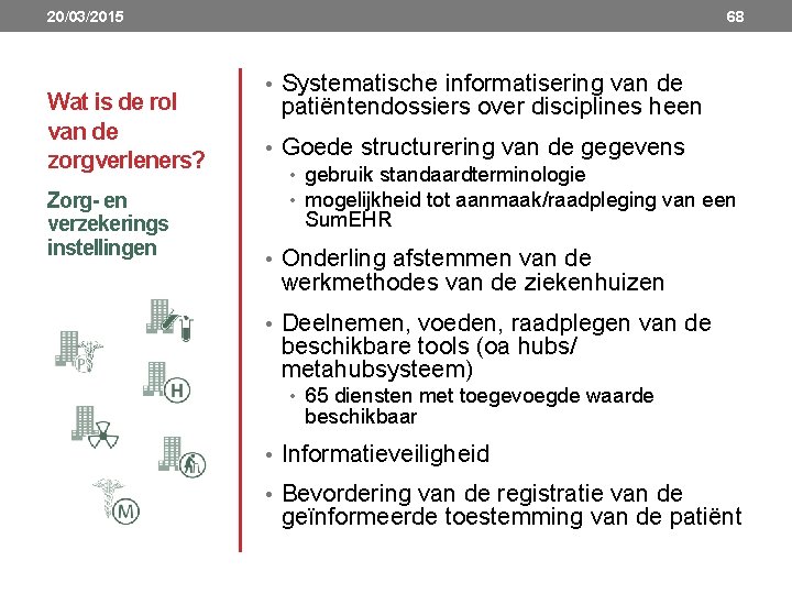 20/03/2015 Wat is de rol van de zorgverleners? Zorg- en verzekerings instellingen 68 •