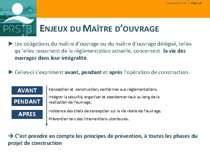 Intervention XXX Diapo 10 ENJEUX DU MAÎTRE D’OUVRAGE ► Les obligations du maître d’ouvrage Intervention XXX Diapo 10 ENJEUX DU MAÎTRE D’OUVRAGE ► Les obligations du maître d’ouvrage