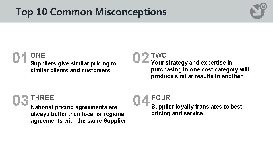 Top 10 Common Misconceptions 01 ONE 03 THREE Suppliers give similar pricing to similar