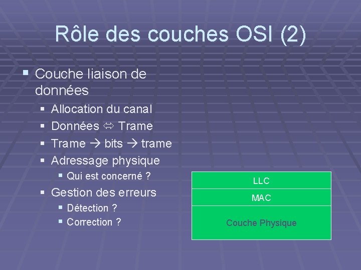 Rôle des couches OSI (2) § Couche liaison de données § § Allocation du