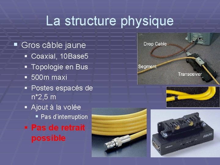 La structure physique § Gros câble jaune § § Coaxial, 10 Base 5 Topologie