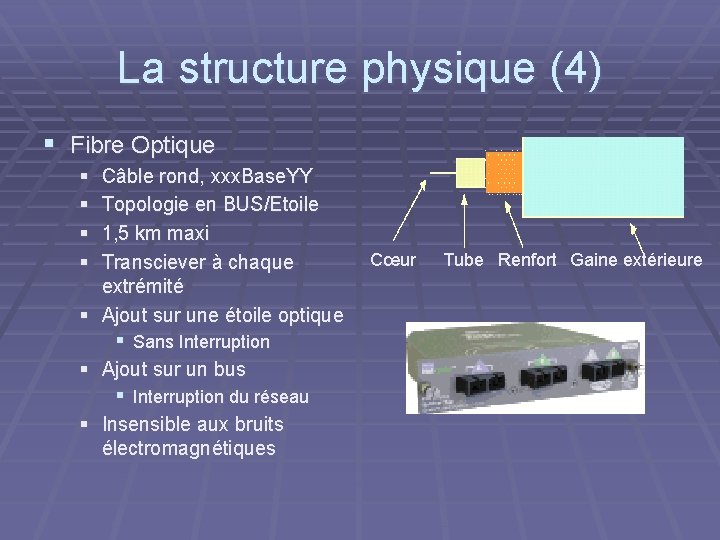 La structure physique (4) § Fibre Optique § § Câble rond, xxx. Base. YY